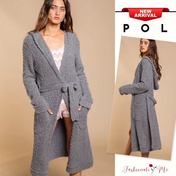 POL Berber Fleece Tie Front Long Sleeves Pockets Relaxed Tunic Cardigan | Grey - Picture 1 of 6